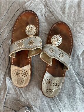 Jack Rogers Silver Metallic Stitched Leather Sandals